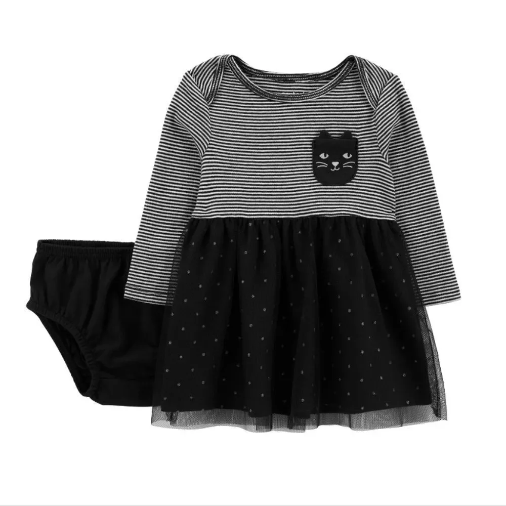 Nwt Carter's 100% Cotton Baby Girl Halloween Tulle Dress Black Cat 2 pc